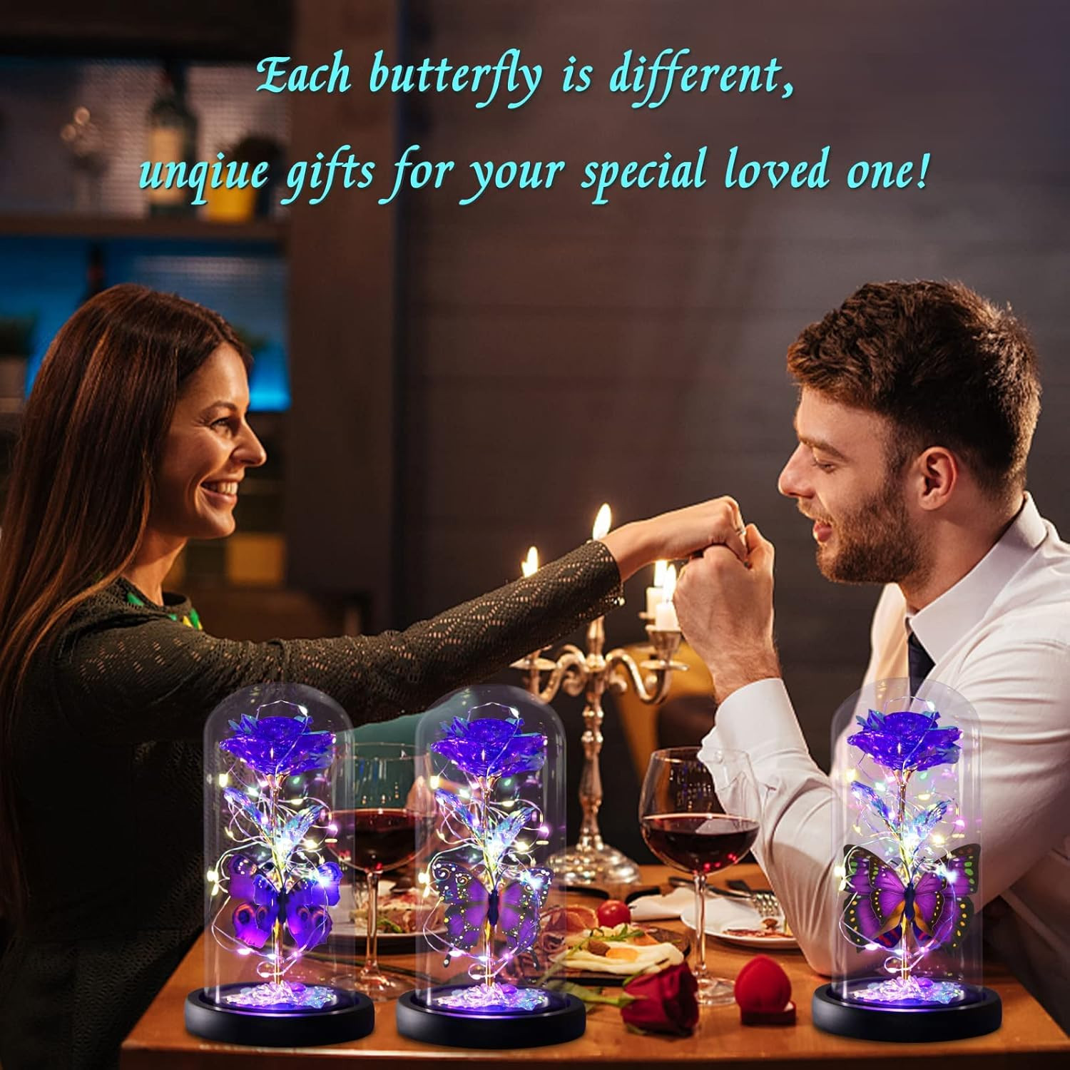 Mothers Day Rose Gifts for Mom, Galaxy Purple Butterfly Rose in Glass Dome, Ligh