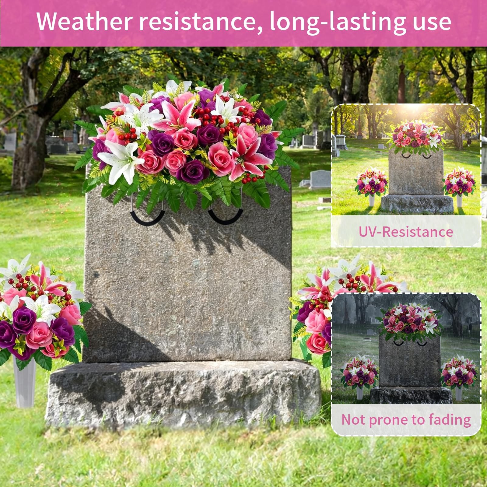 Cemetery Flowers for Grave Headstone Flower Saddle with Silk Rose Lily Artifi…