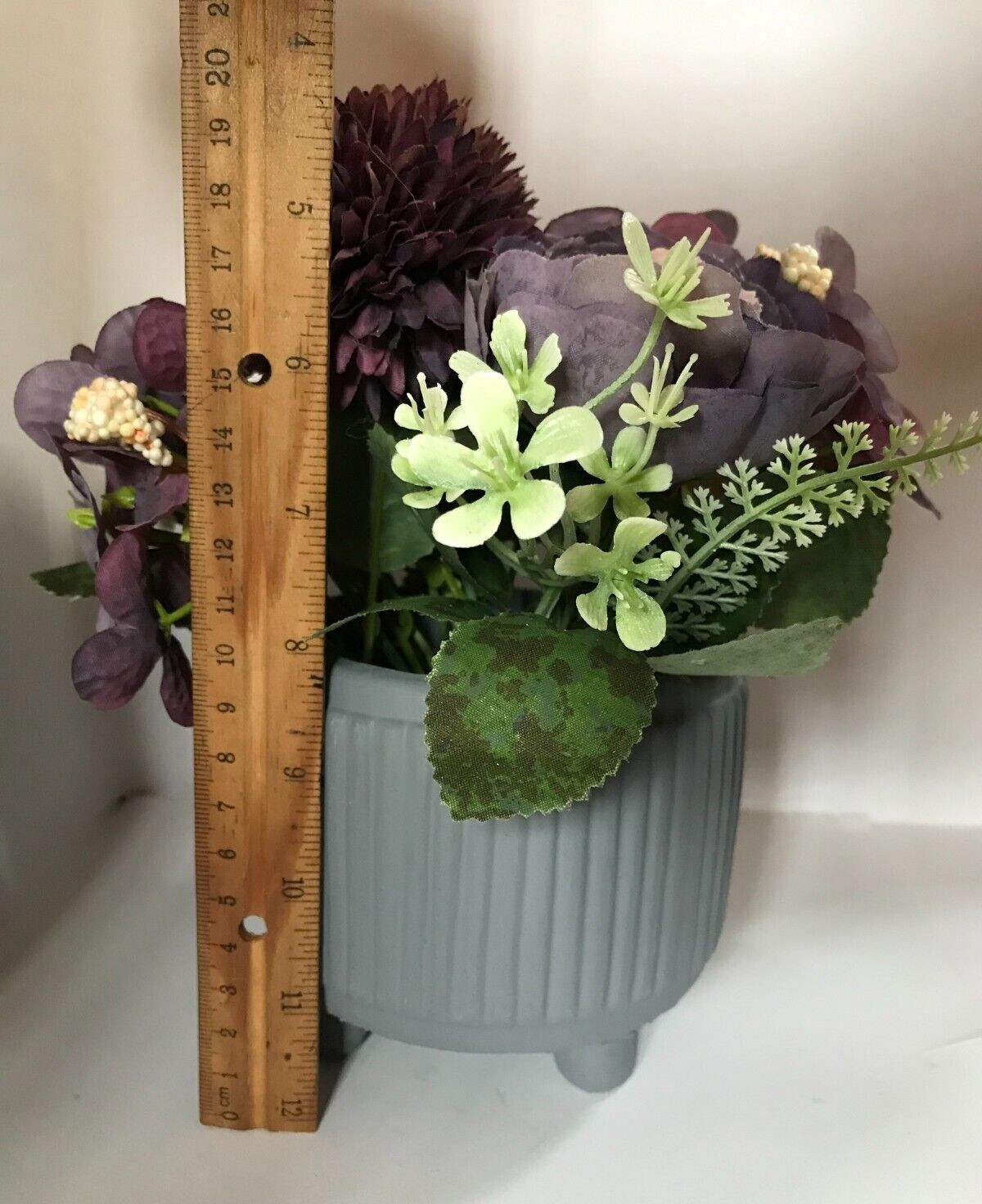 Artificial Silk Purple Hydrangea Peony Bouquet Flowers In Cement Grey Vase New
