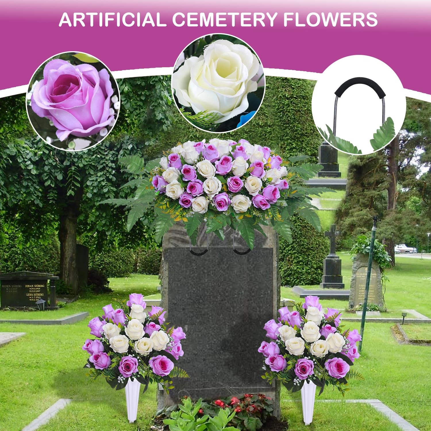 3 Pcs Artificial Cemetery Flower Saddles, Rose Headstone Flower Saddle,Cemete…