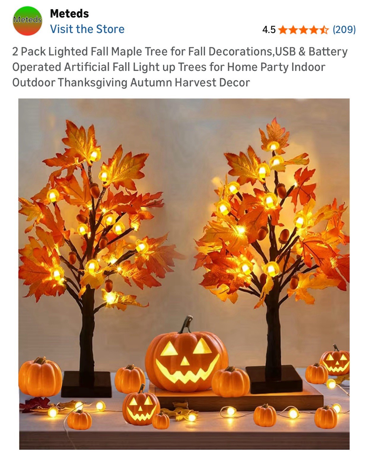 2 Pack Lighted Fall Maple Tree for Fall Decorations,USB & Battery Operated Ar…