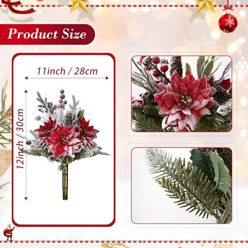 Artificial Christmas Flowers Bouquet 12″ Frosted Poinsettias Flowers 1PC Red