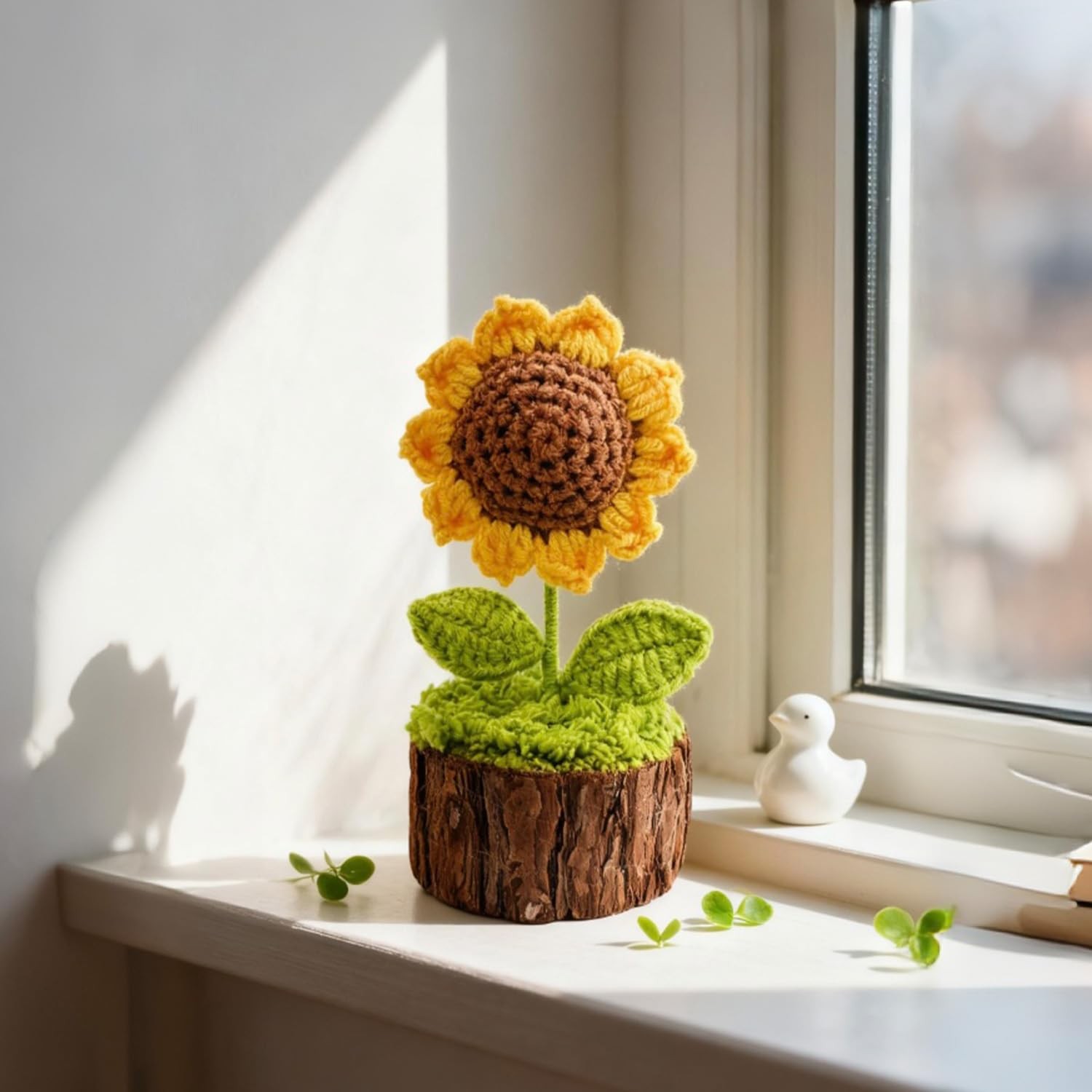 Crochet Sunflowers Bouquet, Handmade Knitted Flowers with Wooden Pot for Wome…