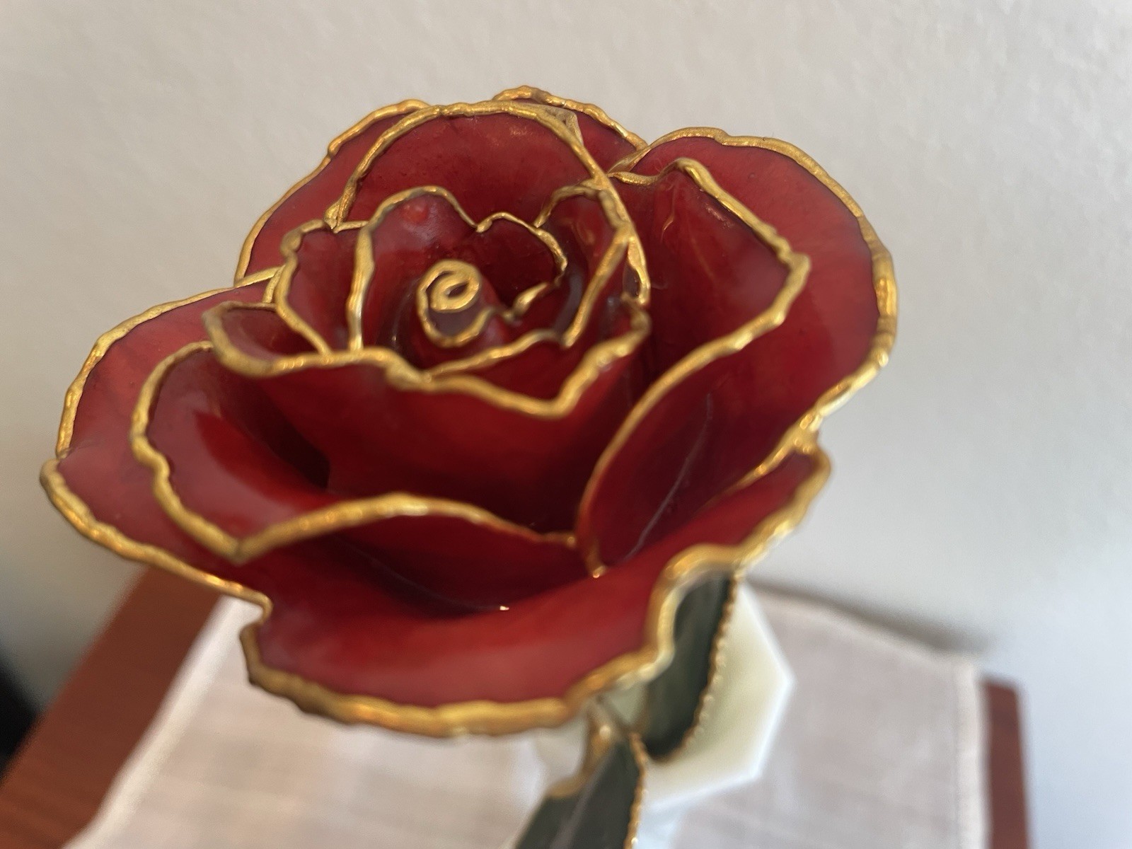 Burgundy Rose Preserved in Lacquer with 24k Gold Plating on Petals and Stem