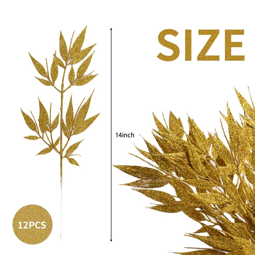 Artificial Gold Glitter Leaf Stems, Simulated Decorative Picks, 13 Inch, 12 Pack