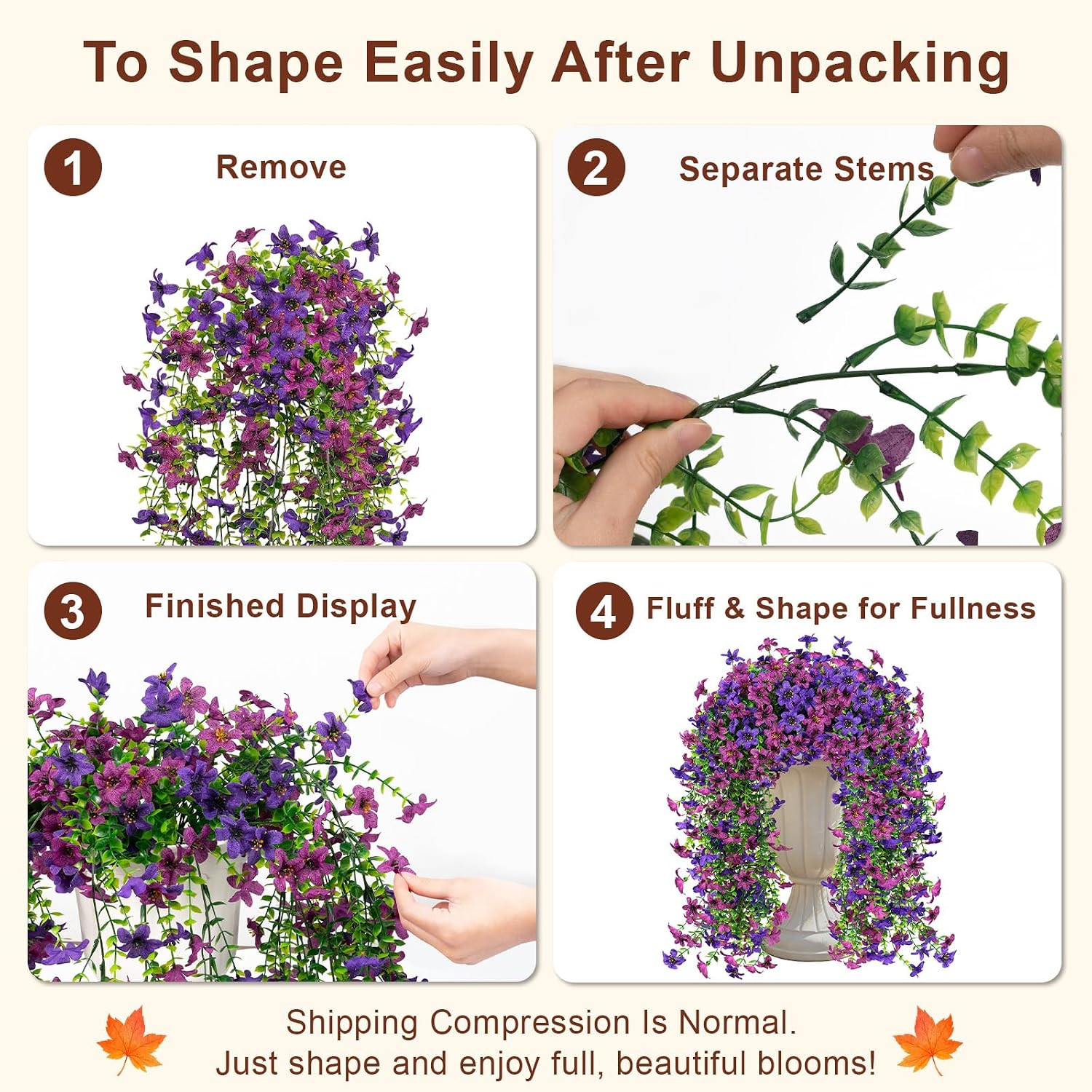 UV Resistant Artificial Hanging Mums – 4 PCS Double Purple Faux Flowers