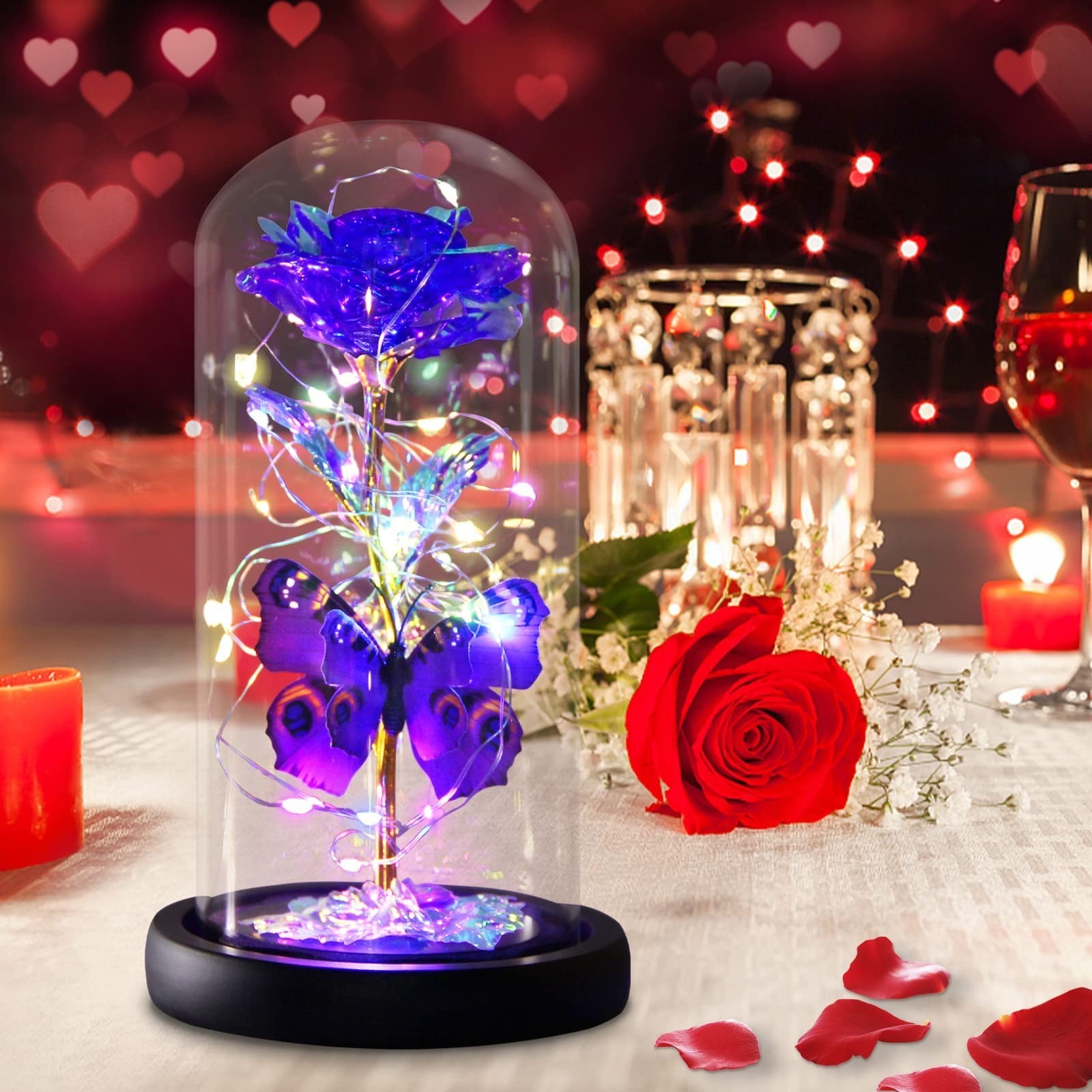 Light Up Purple Butterfly Rose in Glass Dome – Eternal Mother’s Day Gift for Mom