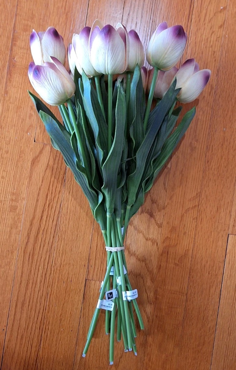 Bundle Of 13 Artificial “Real Touch” Tulips Purple And Cream Wedding Home Decor
