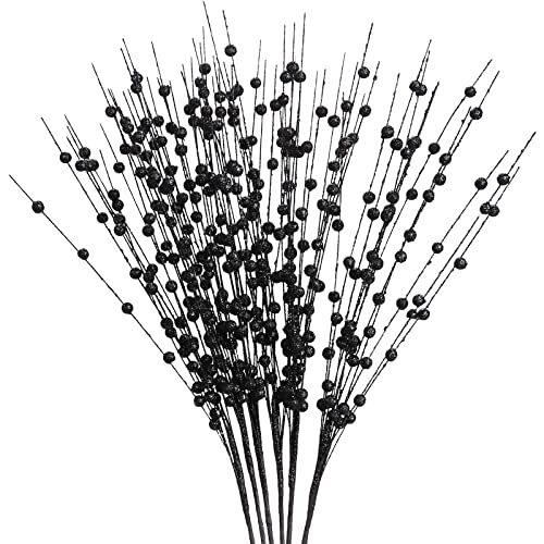 6 Pack Artificial Glitter Berry Stems 15.7″ Fake Decorative Glitter Black