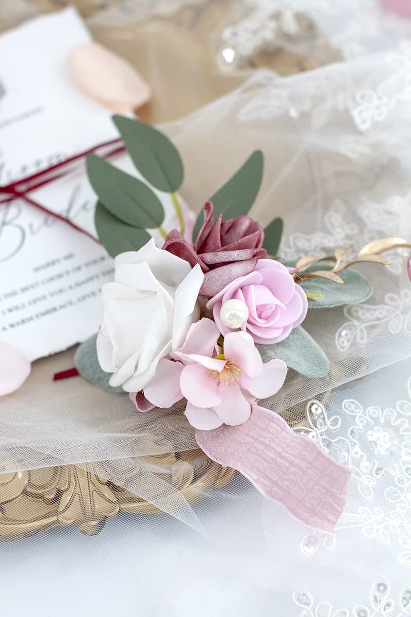 Dusty Rose Wrist Corsage and Boutonniere Set Artificial Light Pink White Rose…