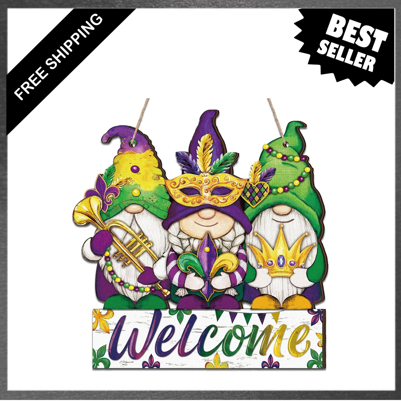 Mardi Gras Door Decor Gnome Wreath Wooden Welcome Sign Farmhouse Porch Wall