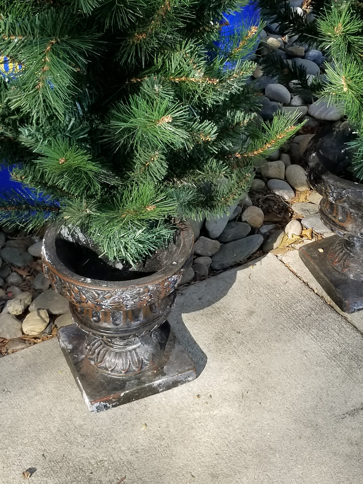 A PAIR OF DECRATIVE ARTIFICIAL FAUX POTTED PORCH PINE PLANTS 4′