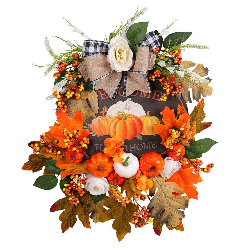 Artificial Fall Autumn Pumpkin Wreath for Front Door or Porch