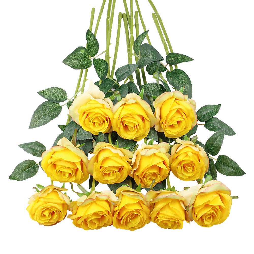 Yellow Roses Artificial Flowers -12 pcs Realistic Single Long Stem Fake Silk …