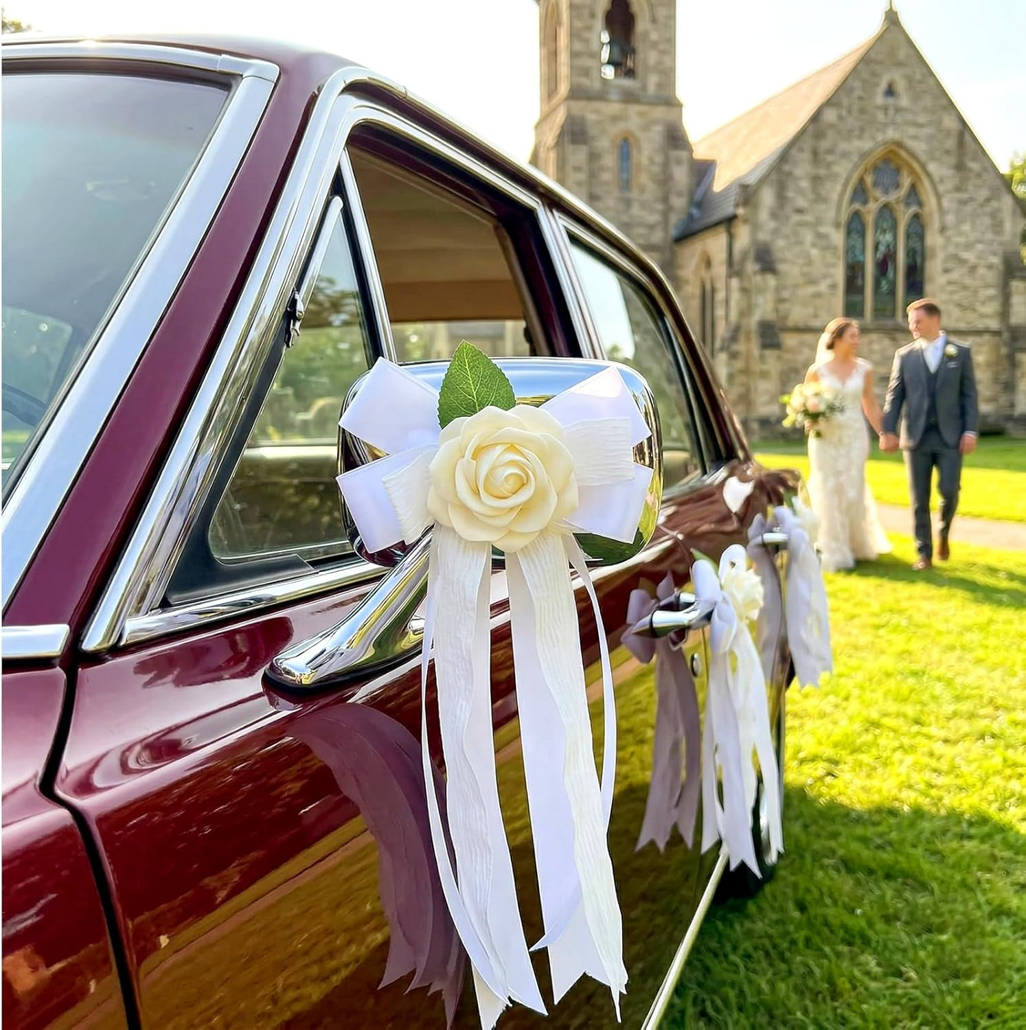 6PCS Wedding Car Door Handle Flowers, White Artificial Cars Rearview Mirror Bouq