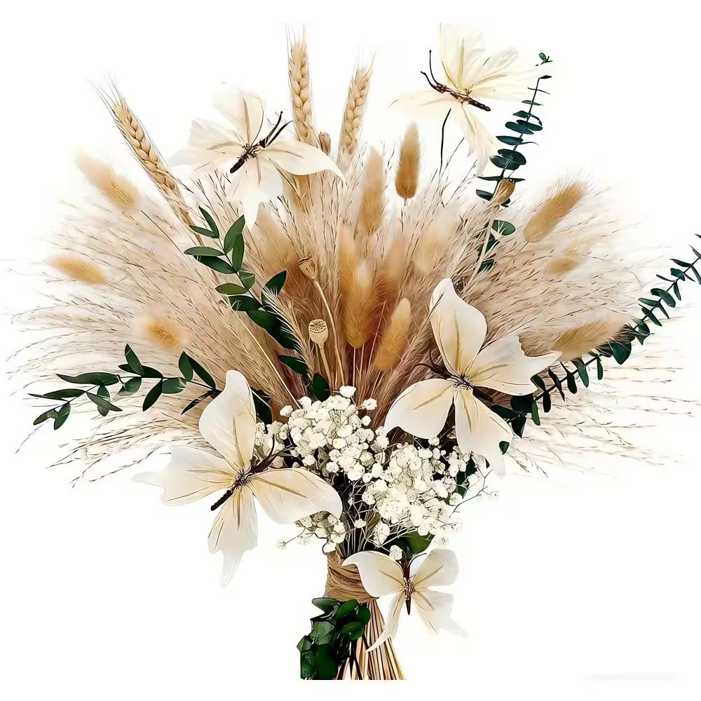 17 In. Brown Bohemian Dried Pampas Grass Bouquet-Includes Bunny Tail Grass and B