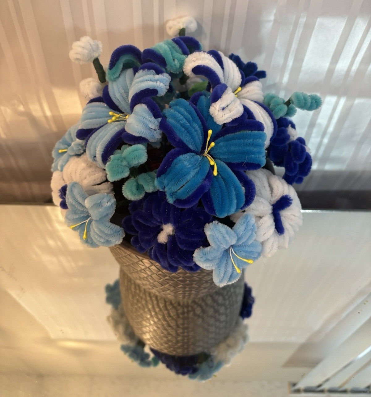Artificial Mixed Floral Centerpiece in Decorative Pot, Blue/White/Green