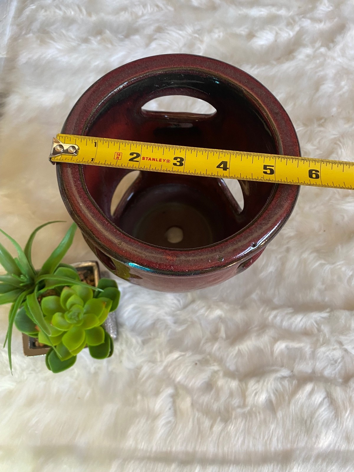 Red Ceramic Planter Pot with Multiple Side Openings and Drainage Hole