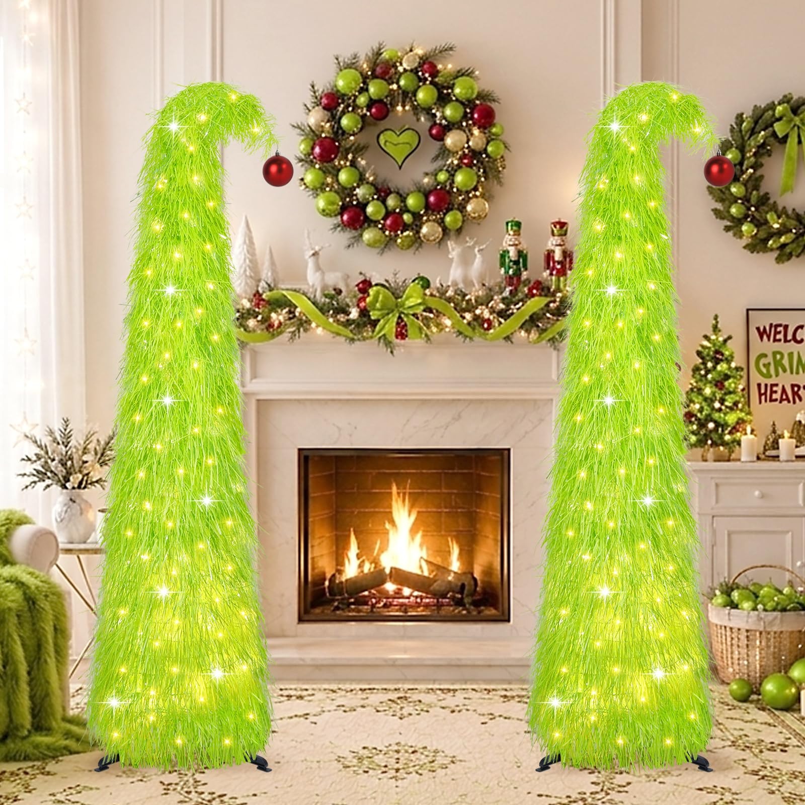 6FT Artificial Shaggy Pop Up Christmas Tree with 100 LEDs, Lime Green Curve