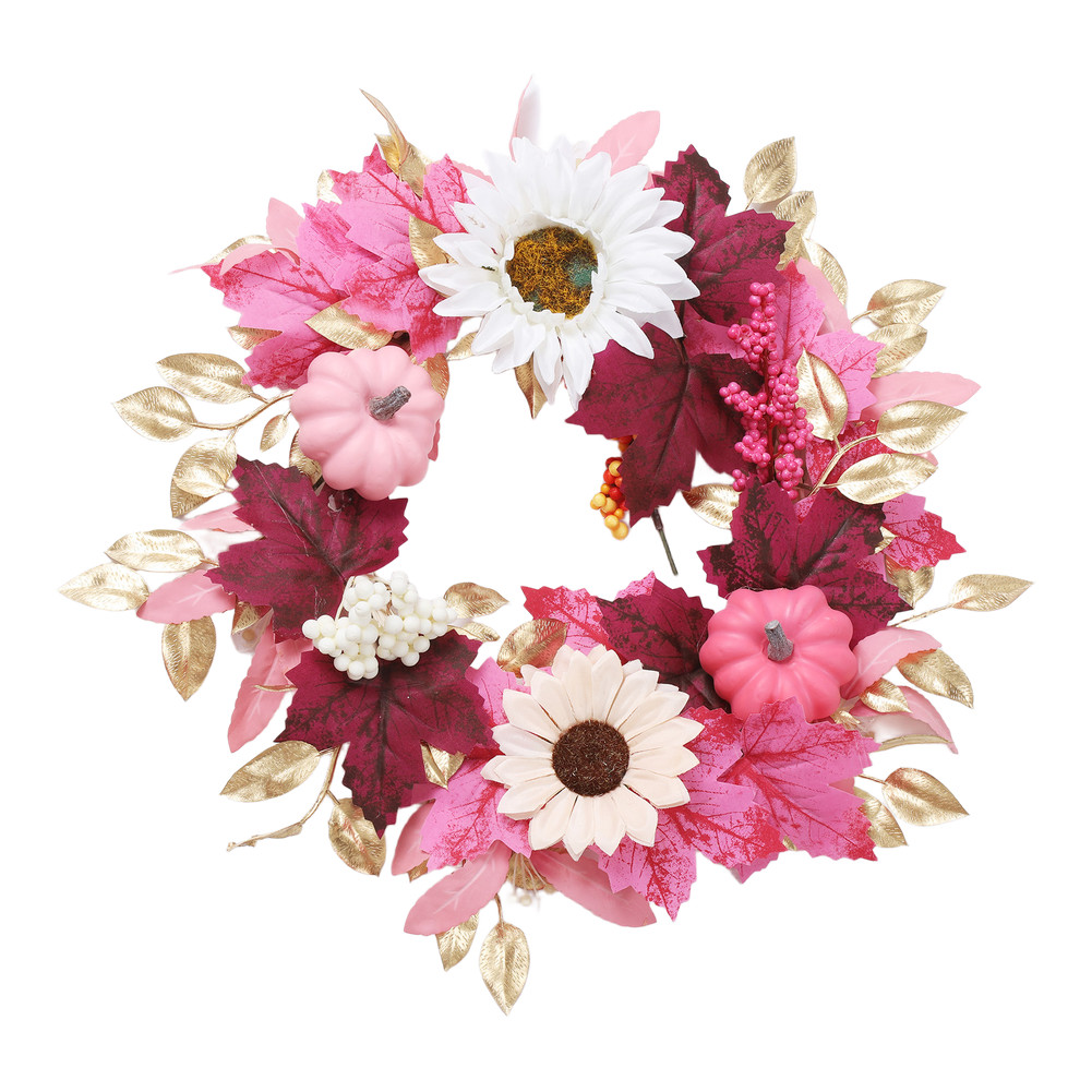 15.75in Artificial For Autumn Wreath Pastel Pink Theme with Pumpkins Sunflowers