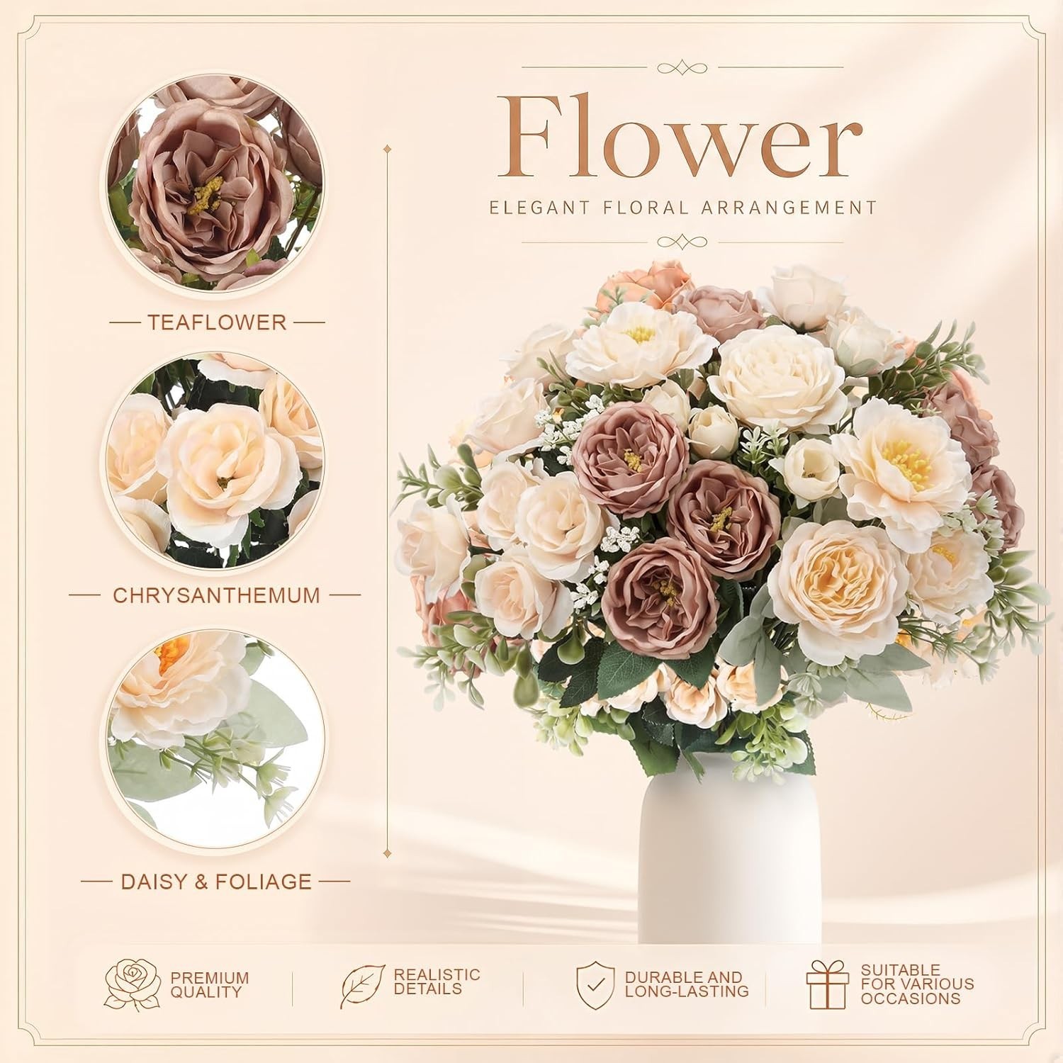 Realistic 12 Bundles Silk Flower Bouquets – Brown Beige for Table Centerpieces