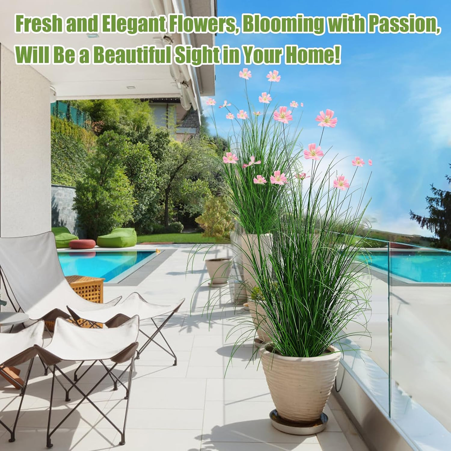 2 Pack 47In/4Ft Artificial Grass with Fake Flowers Faux Plants Outdoor Indoor Ta