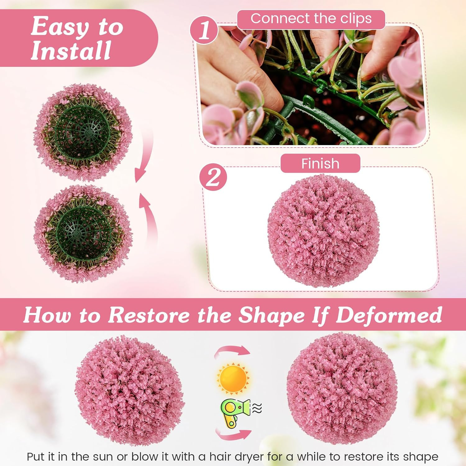 17.5 Inch Topiary Balls Artificial Outdoor Set of 2, Faux Pink Eucalyptus Decora