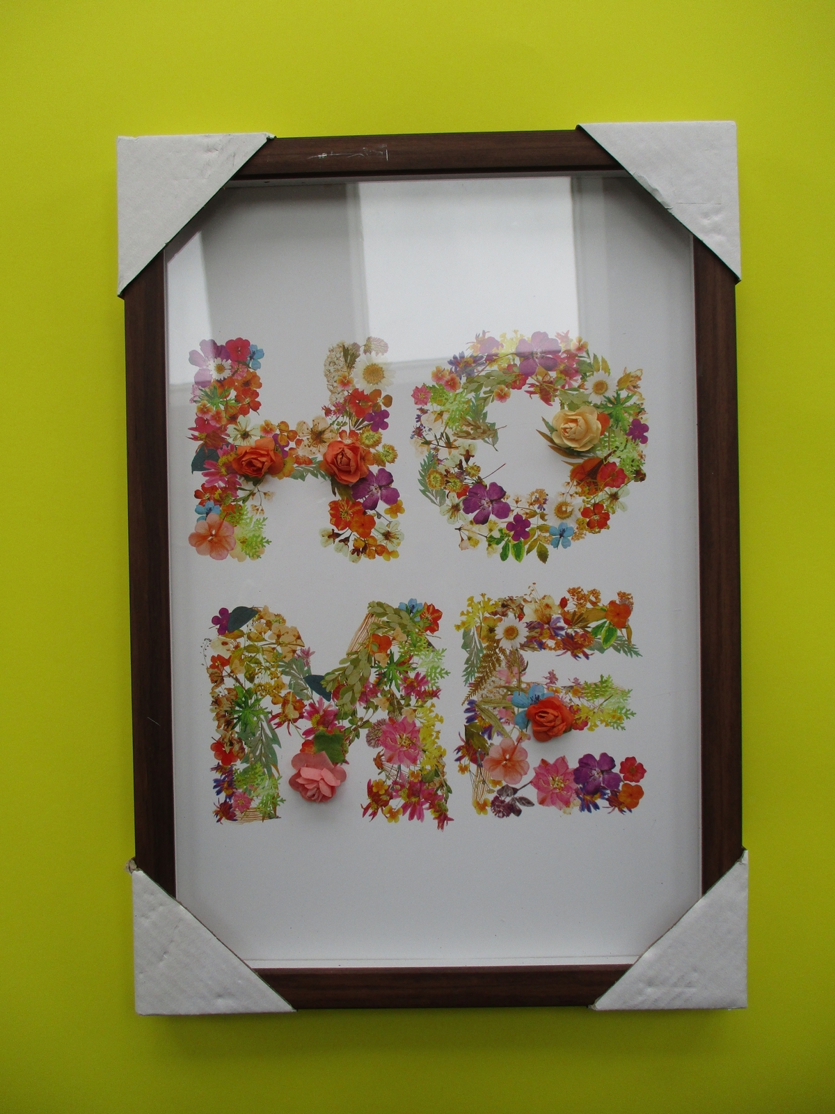 Floral HOME wall decor sign 9.5″ x 13″ Brown Frame Glass front White background