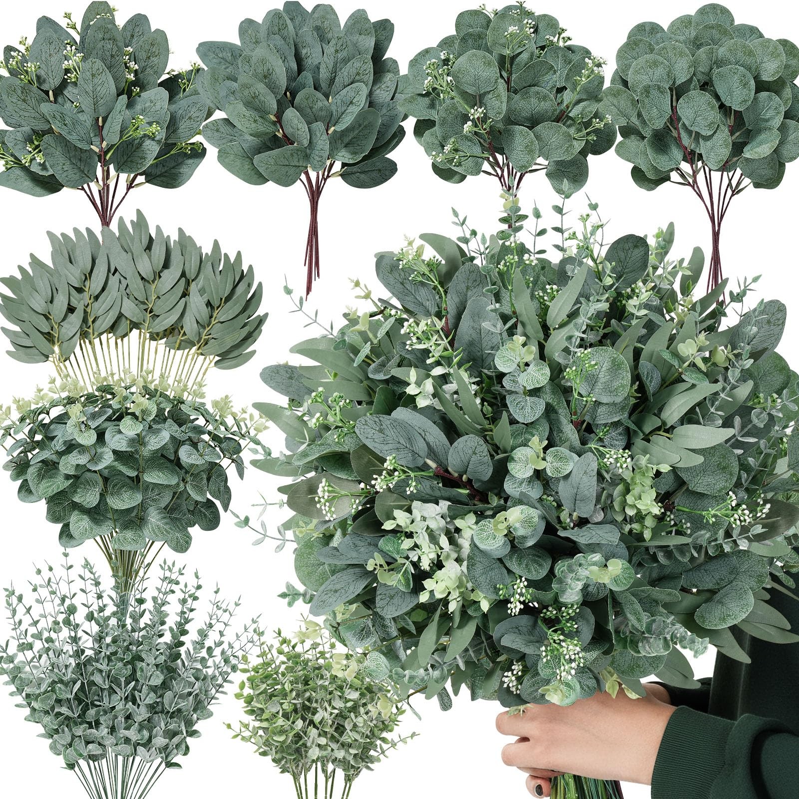 130 Pcs 8 Kinds Mixed Eucalyptus Stems Bulk,Artificial Greenery Silver Dollar…