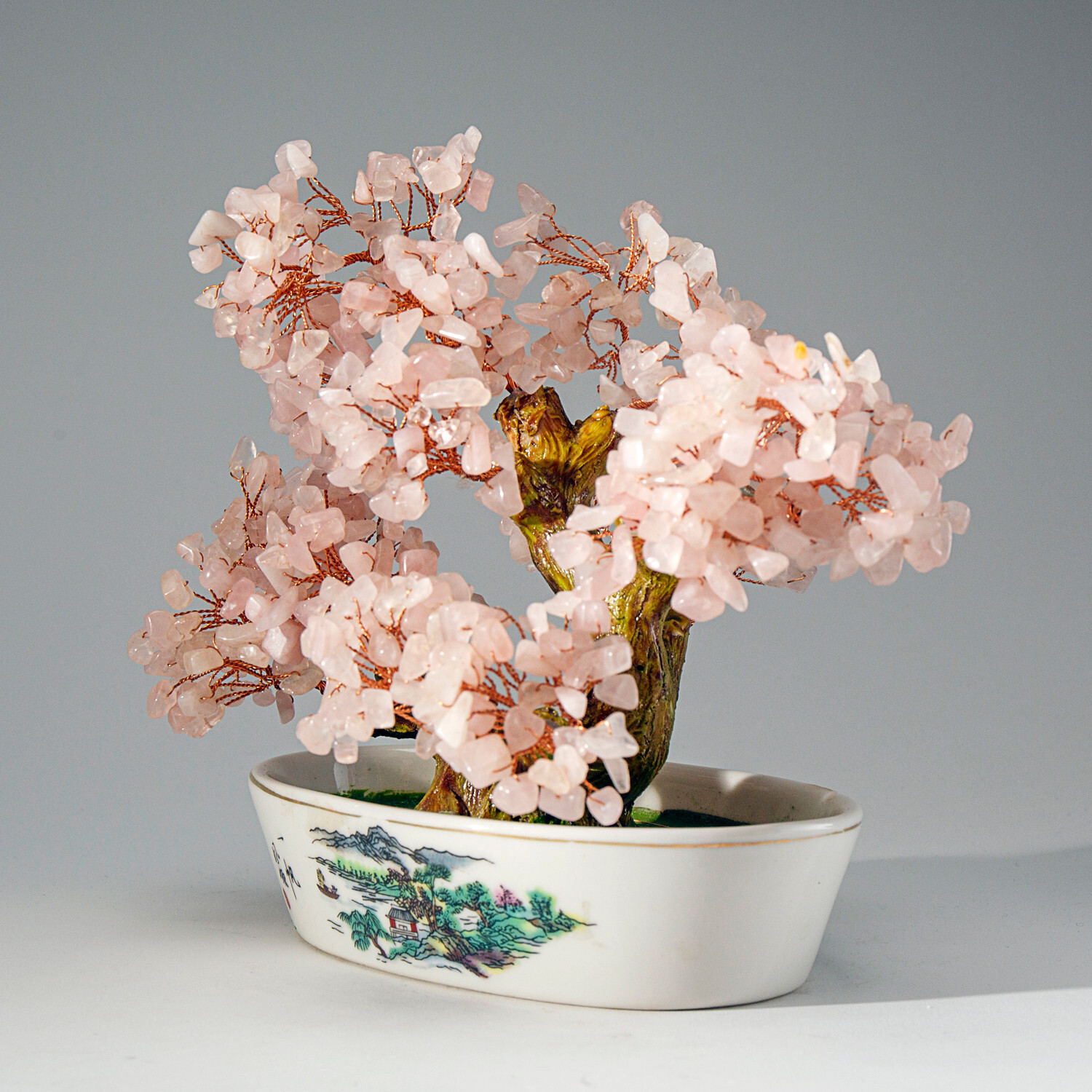 Genuine Rose Quartz Gemstone Bonsai Tree in Oval Ceramic Pot (7”)