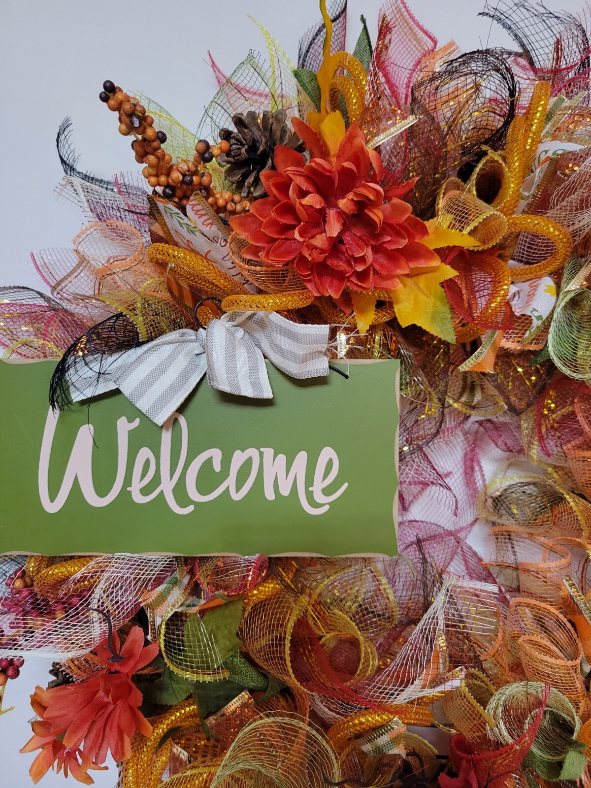 WELCOME autumn Spring Mesh Front Door Wreath Wall Decor Bright colors large