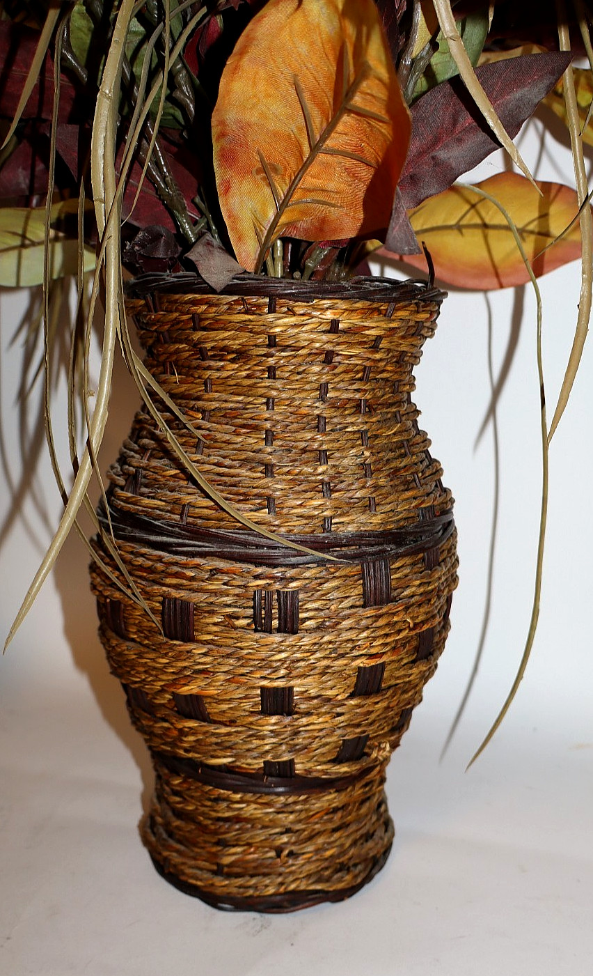 Pair of High Quality 30″ tall Faux Foliage Arrangements in Woven Pottery Vases