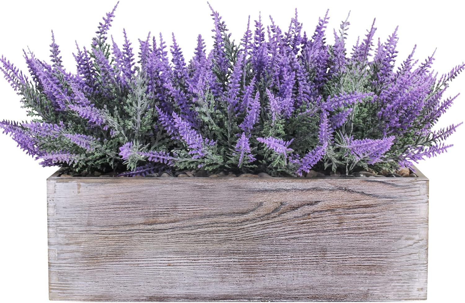Fake Lavender Flower Arrangement in Rustic Rectangular Wood Planter Box Artifici