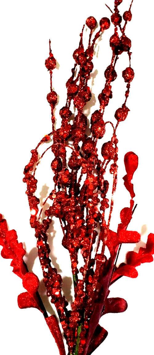 Red Glittered Velvet Leaf & Ball Picks Very Glittery 18″ Tall Set of 7