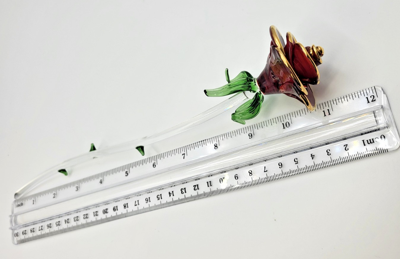 Art Glass Long 11.5″ Single Red Rose w Gold Trim Petals Clear Stem Green Thorns
