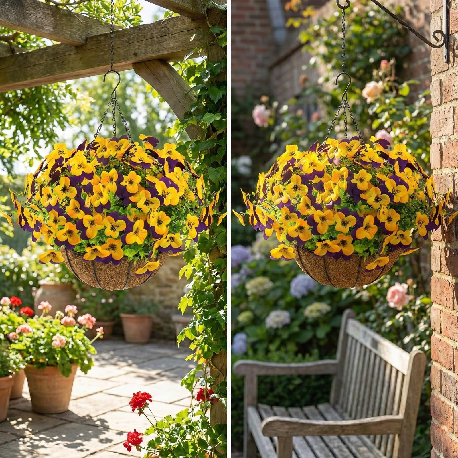 2 Set Artificial Outdoor Pansies Flowers with Hanging Baskets, 2 Hanging Plan…