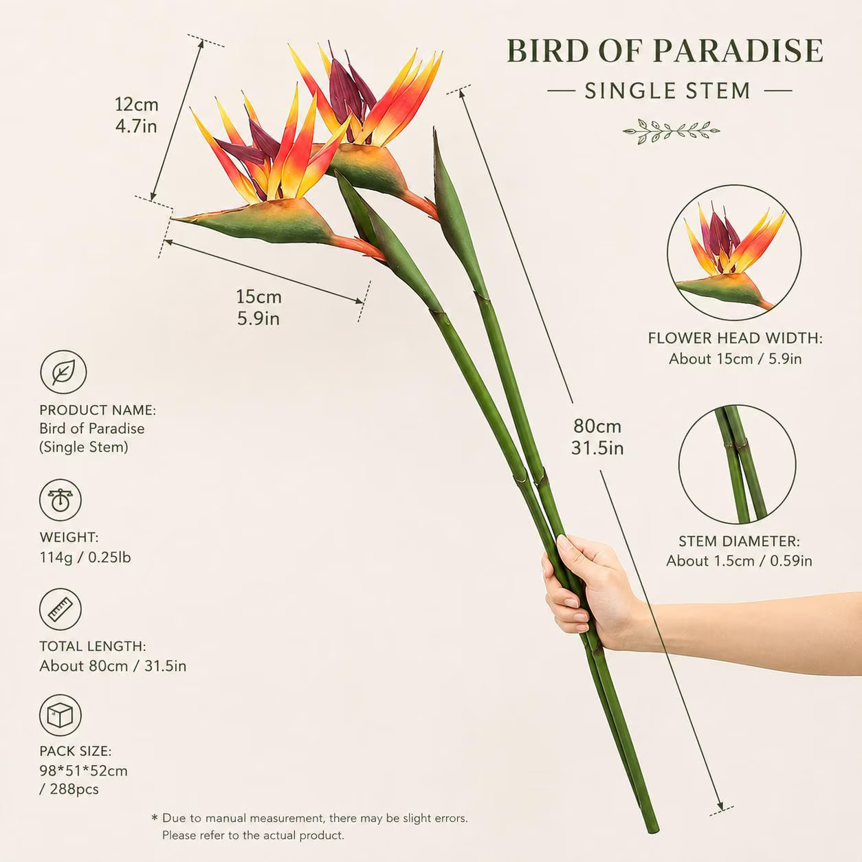 Artificial Bird of Paradise Flower Stem, Tropical Faux Strelitzia for Vase