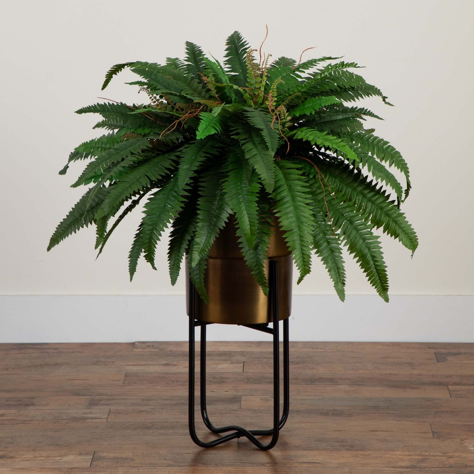 Nearly Natural 35″ Artificial Boston Fern in Brass Metal Planter with Stand