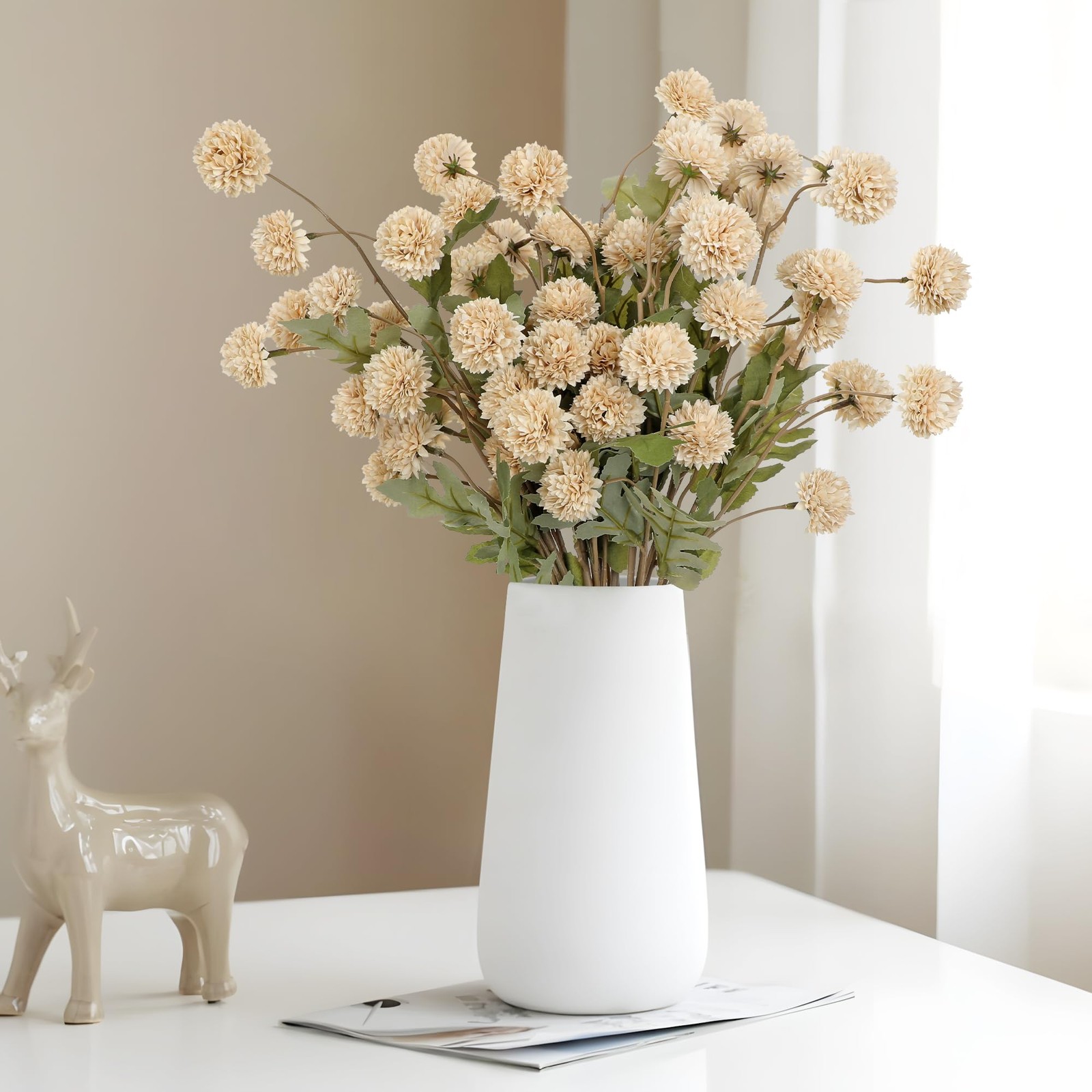 12 PCS Beige Artificial Kiku Mums Realistic Silk Pom Pom Chrysanthemums