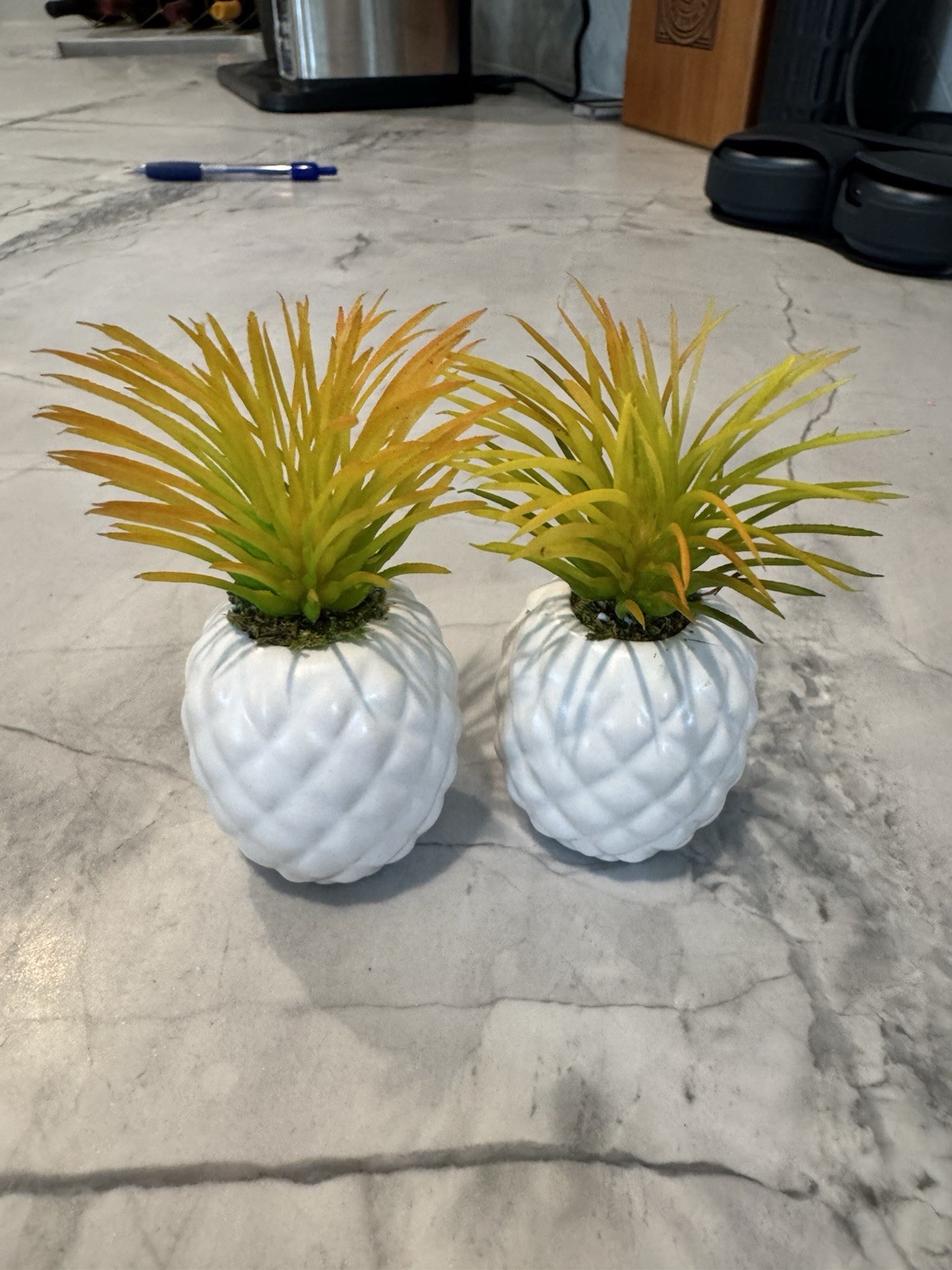Set of 2 Artificial Succulent Pineapple Planters, White Ceramic Base, Tropical