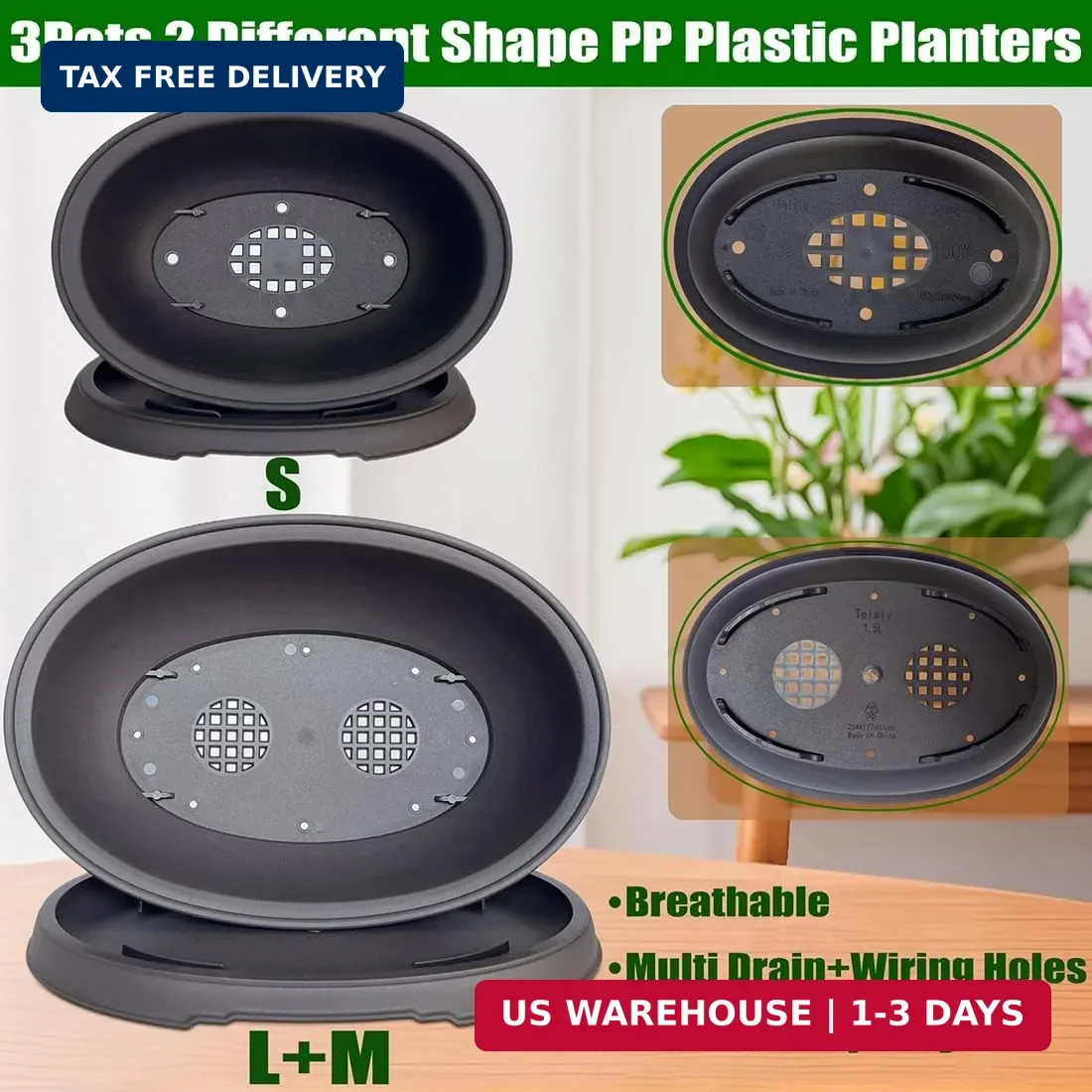 MUZHI 3 Pack Mixed Size Oval Bonsai Planter Pot with Drainage Tray, Matte Finish