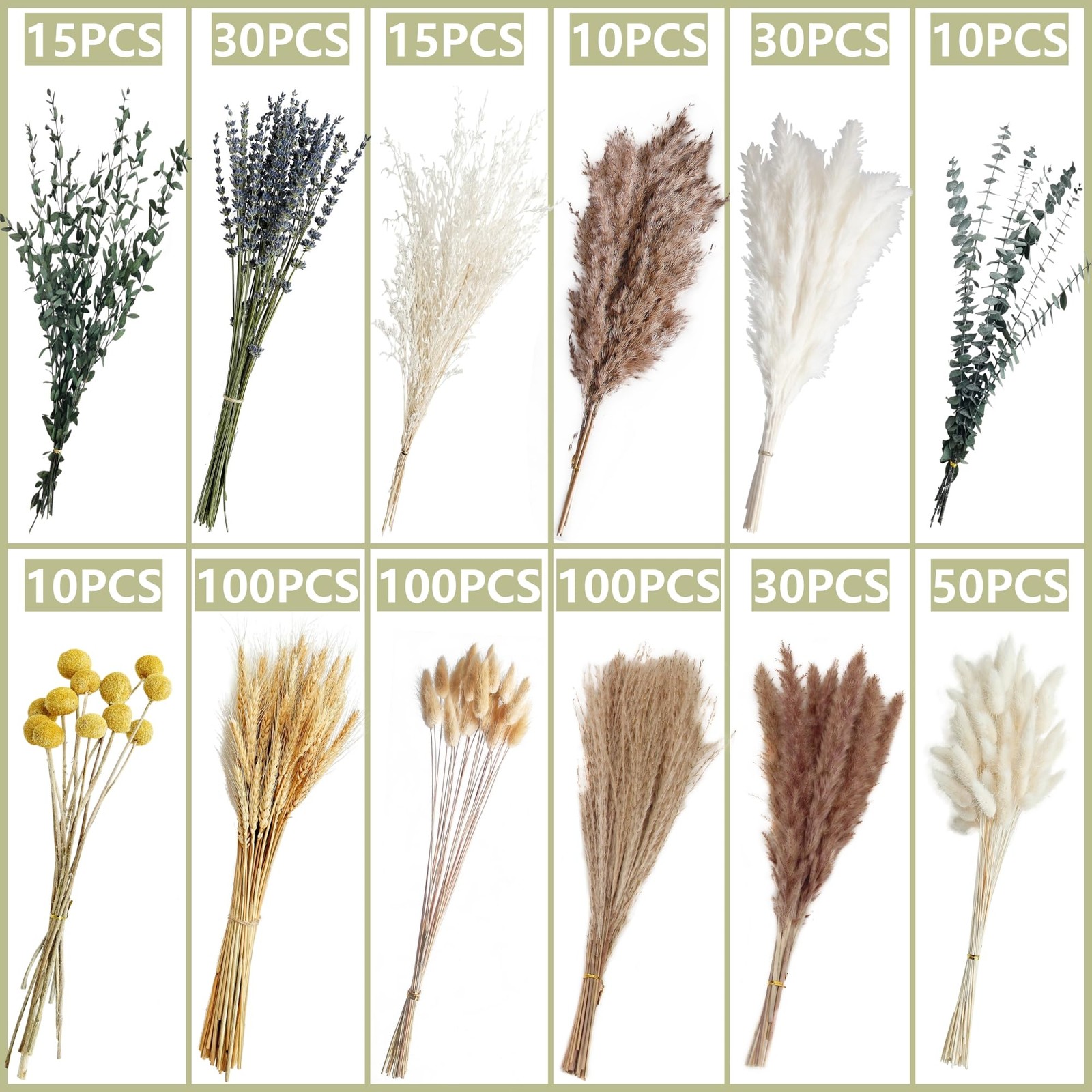 500PCS Dried Pampas Grass Bouquet – Boho Dried Flowers for Vase, White & Brow…