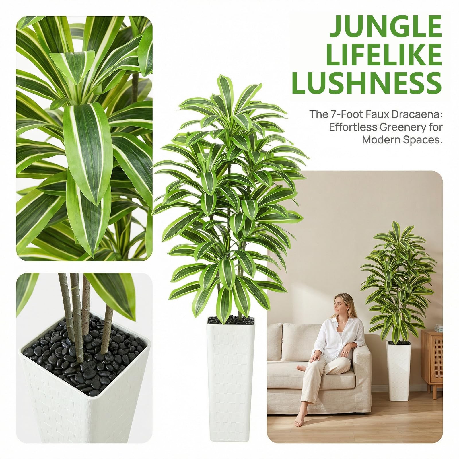 Artificial Yellow Dracaena Tree Indoor, 7FT Tall Fake Floor Plants with White…
