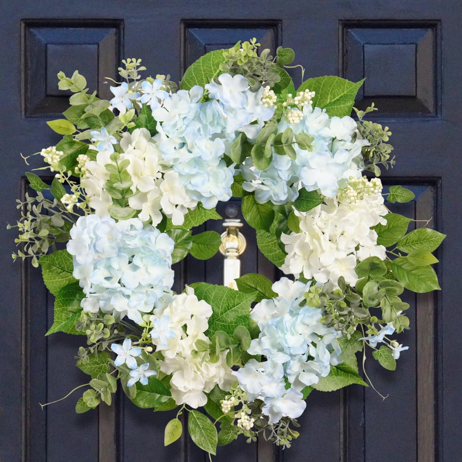 Artificial Hydrangea Eucalyptus Wreath, 20″ Light Blue Green Spring Decor