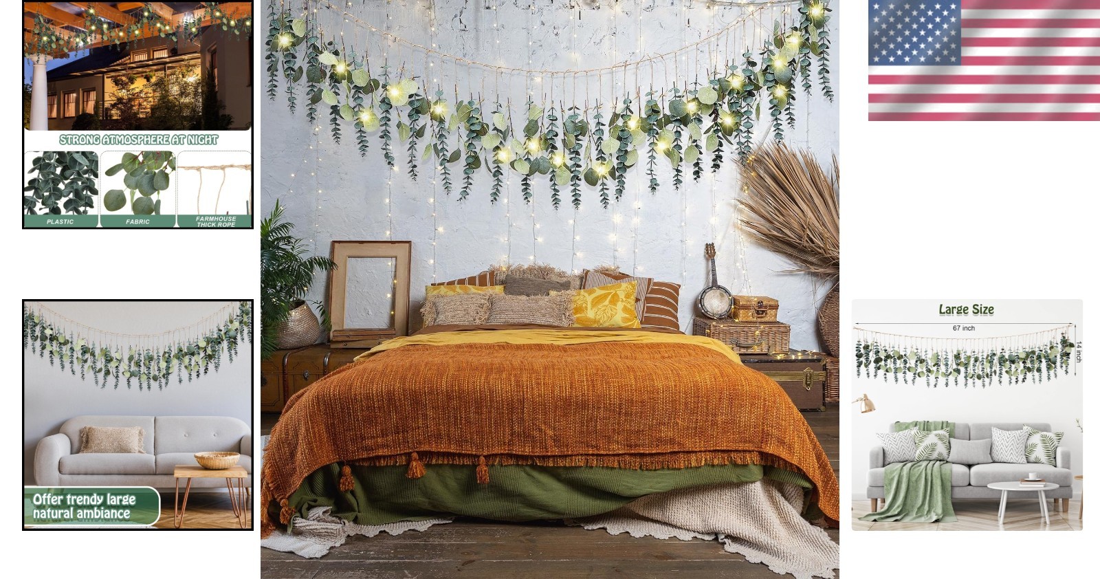 Fresh Eucalyptus Wall Décor with 2 LED String Lights – Versatile Home Accent