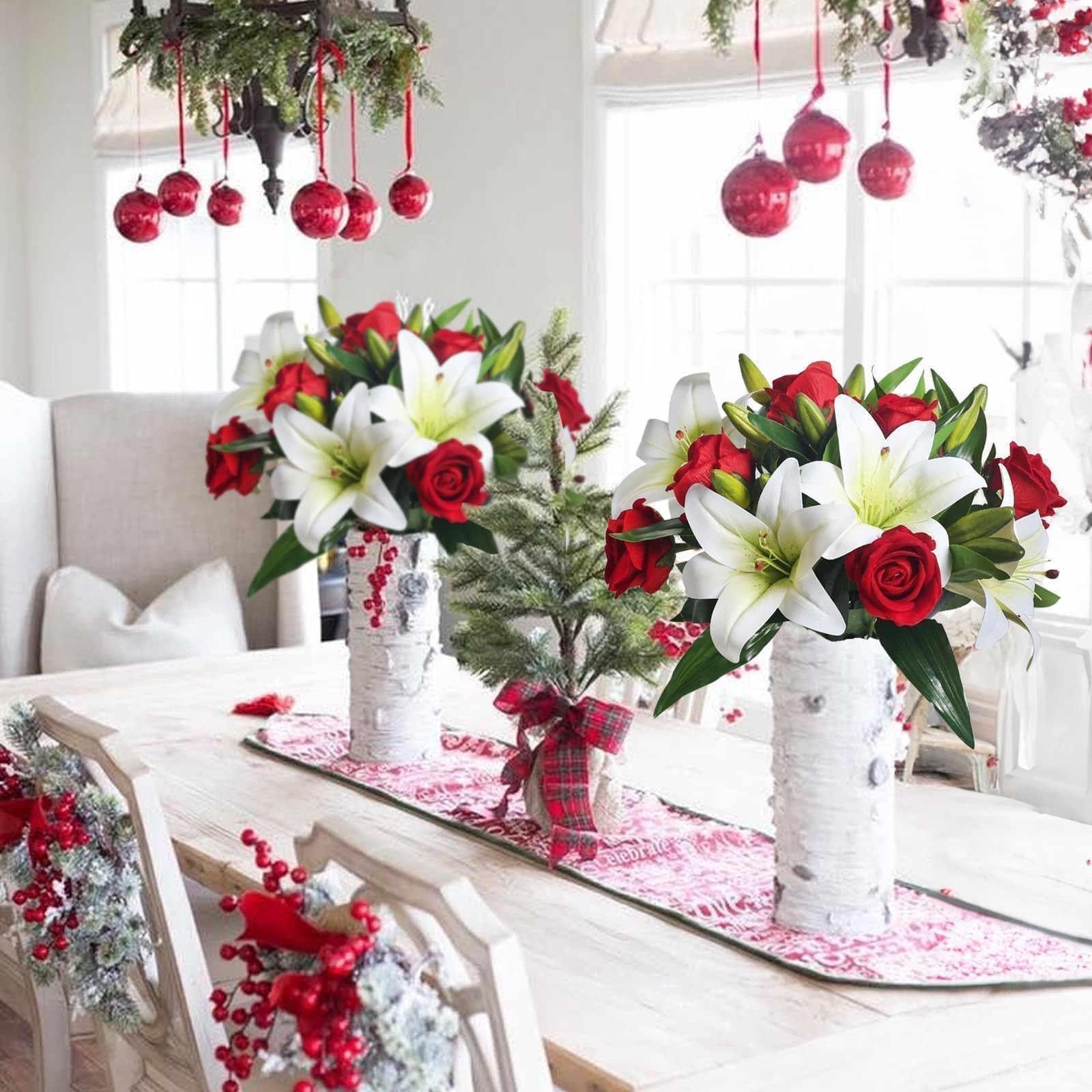 Artificial Flower Arrangement Lilies Velvet Roses Bouquet 22 Pcs Red White