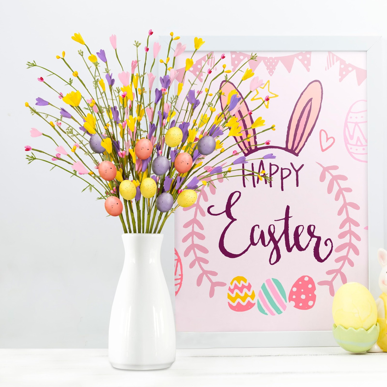 15PCS Easter Decorations Egg Picks – Spring Artificial Floral Stems Decor Flo…