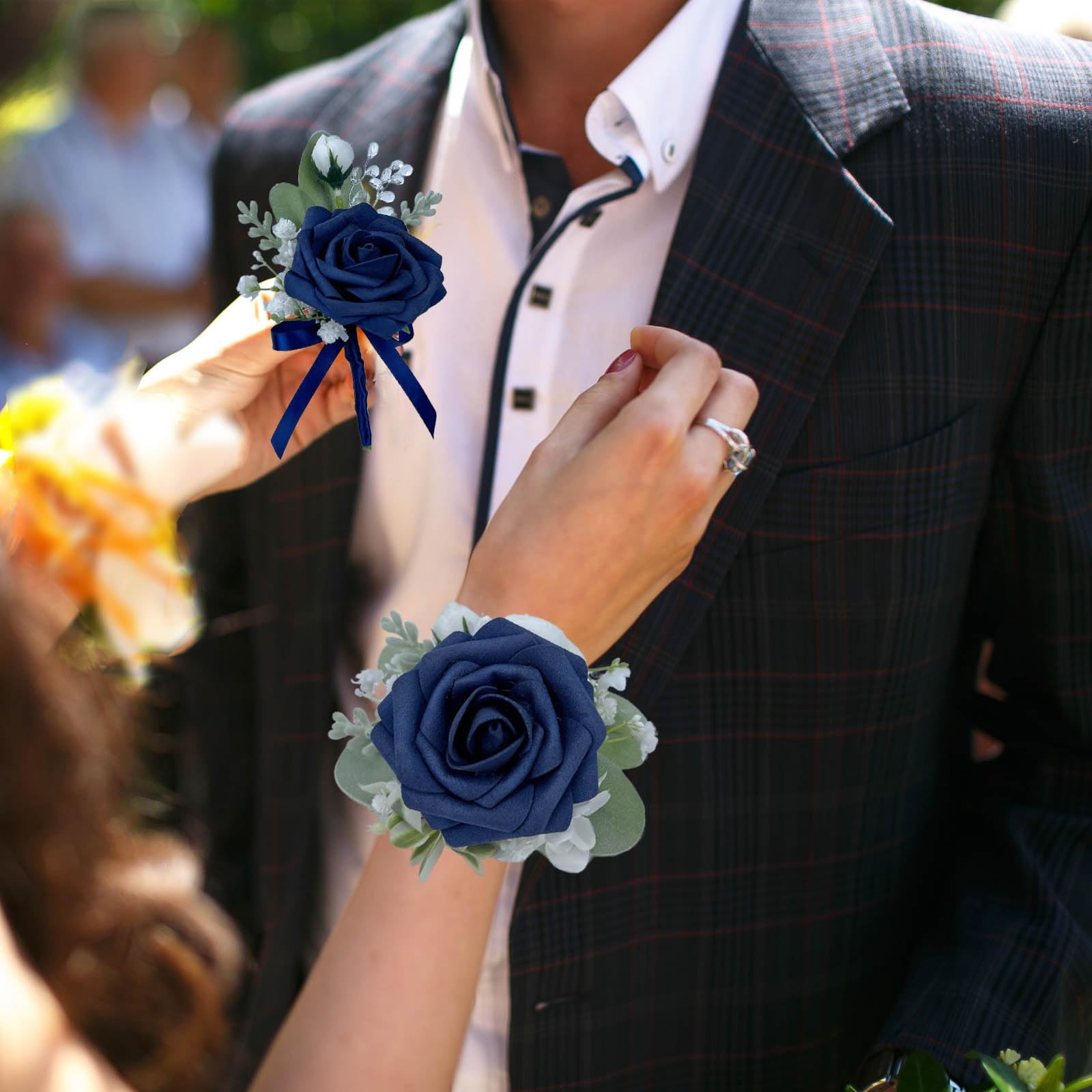 Corsage and Boutonniere Set, Dark Blue Rose Handmade Artificial Flower Wrist …
