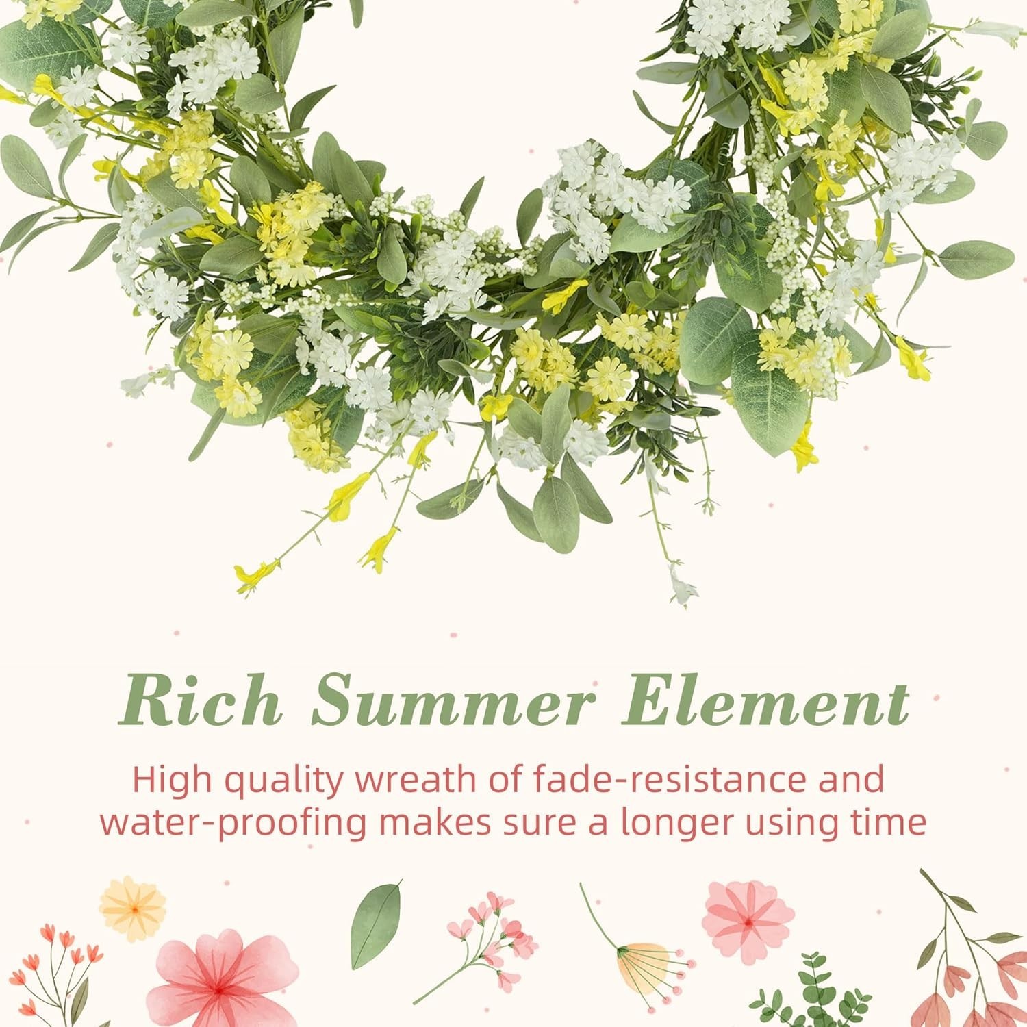 Spring Summer Wreath for Front Door 20 Inch Artificial Floral Daisy Eucalyptu…
