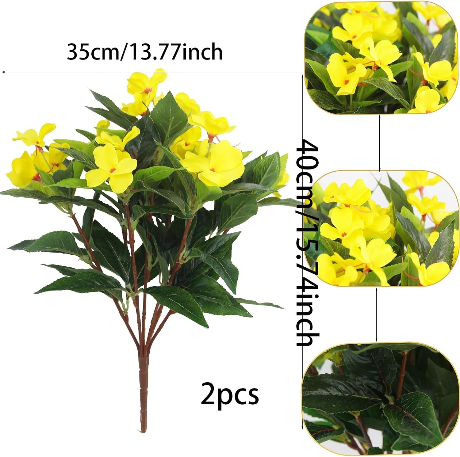 2 Pcs Artificial Impatiens Flowers for Outdoors Faux Impatiens Bushes Yellow